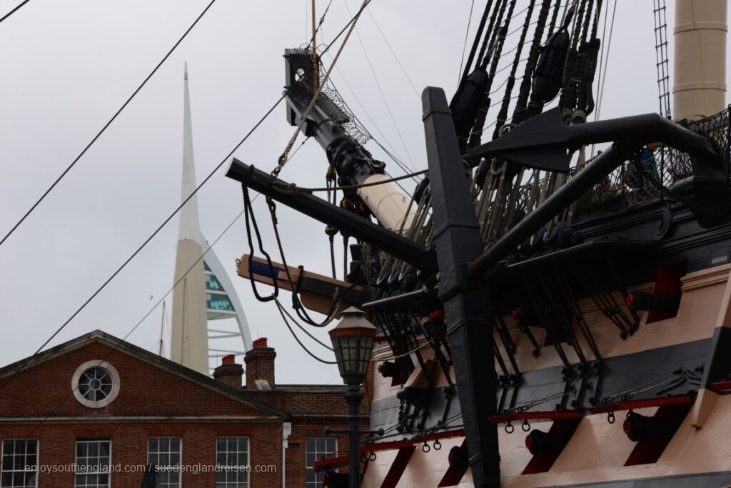 Portsmouth (Hampshire, England) with the Spinnaker Tower in the background and the historic HMS Victory in the foreground