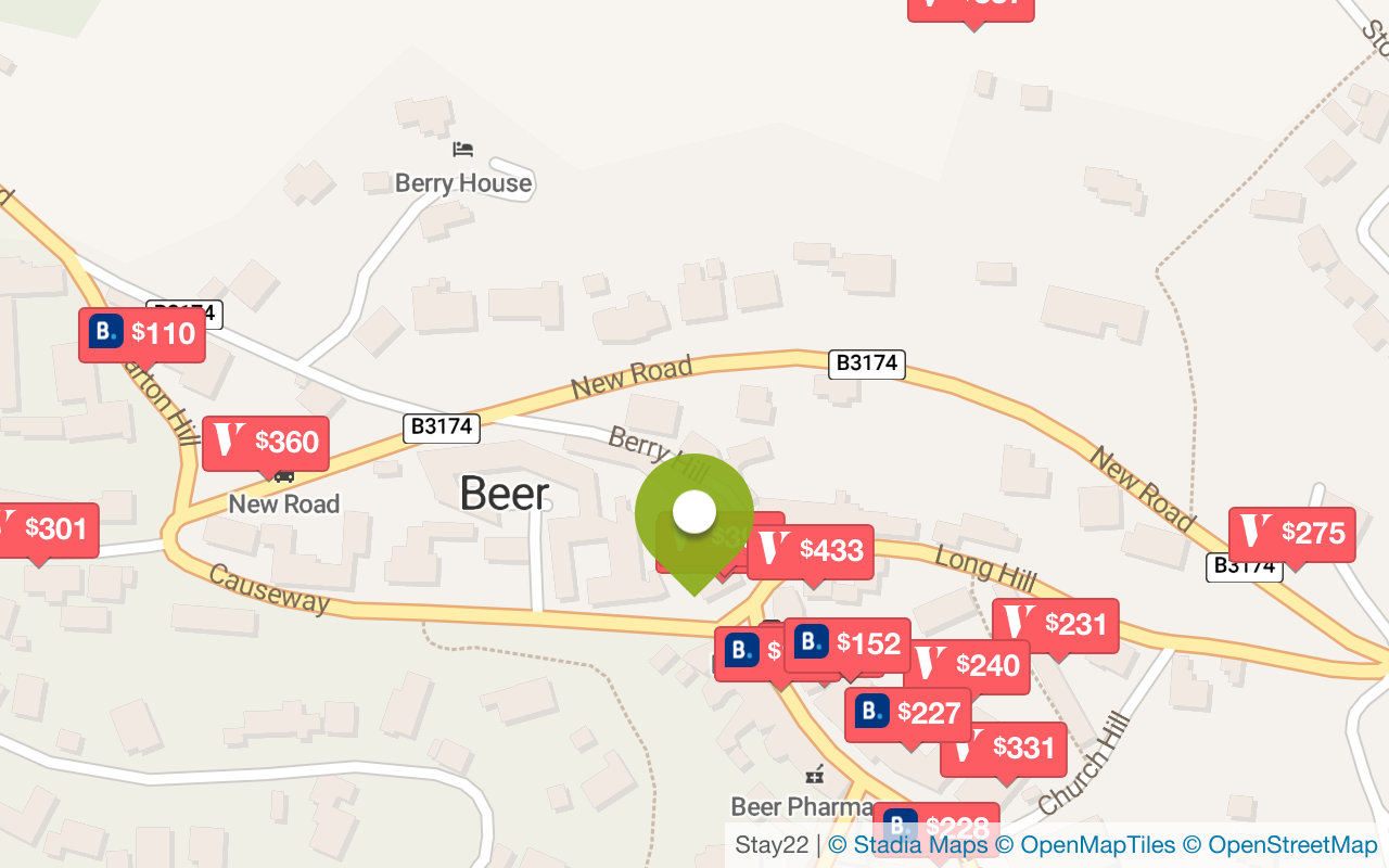 Map with accommodations in Beer [Devon]