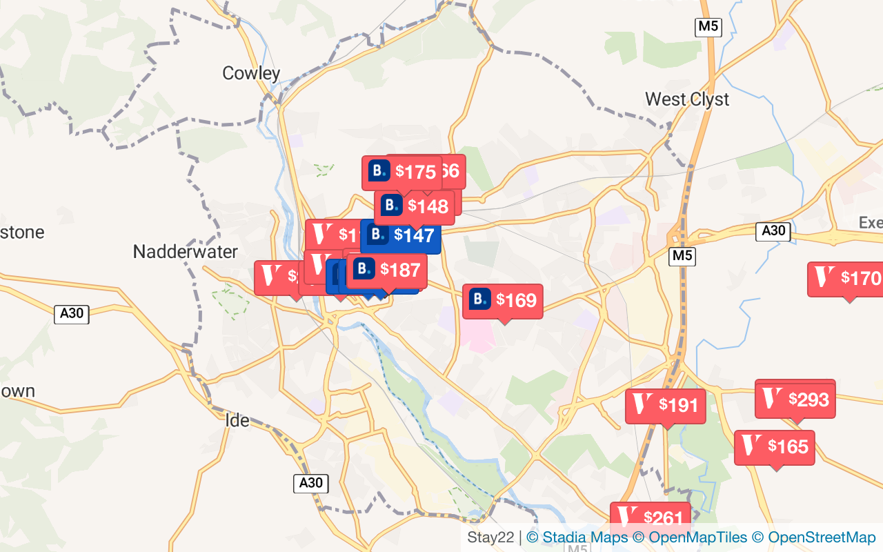 Map with accommodations in Exeter