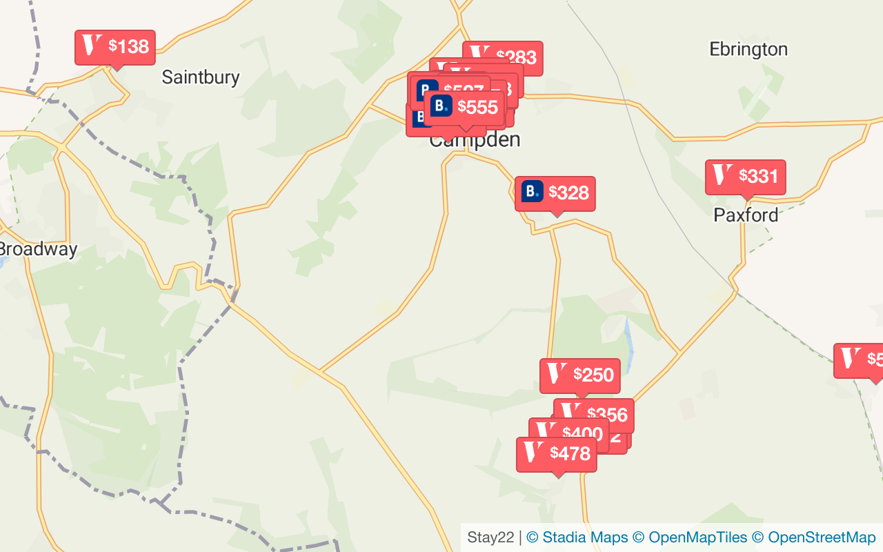 Map with accommodations in Chipping Campden
