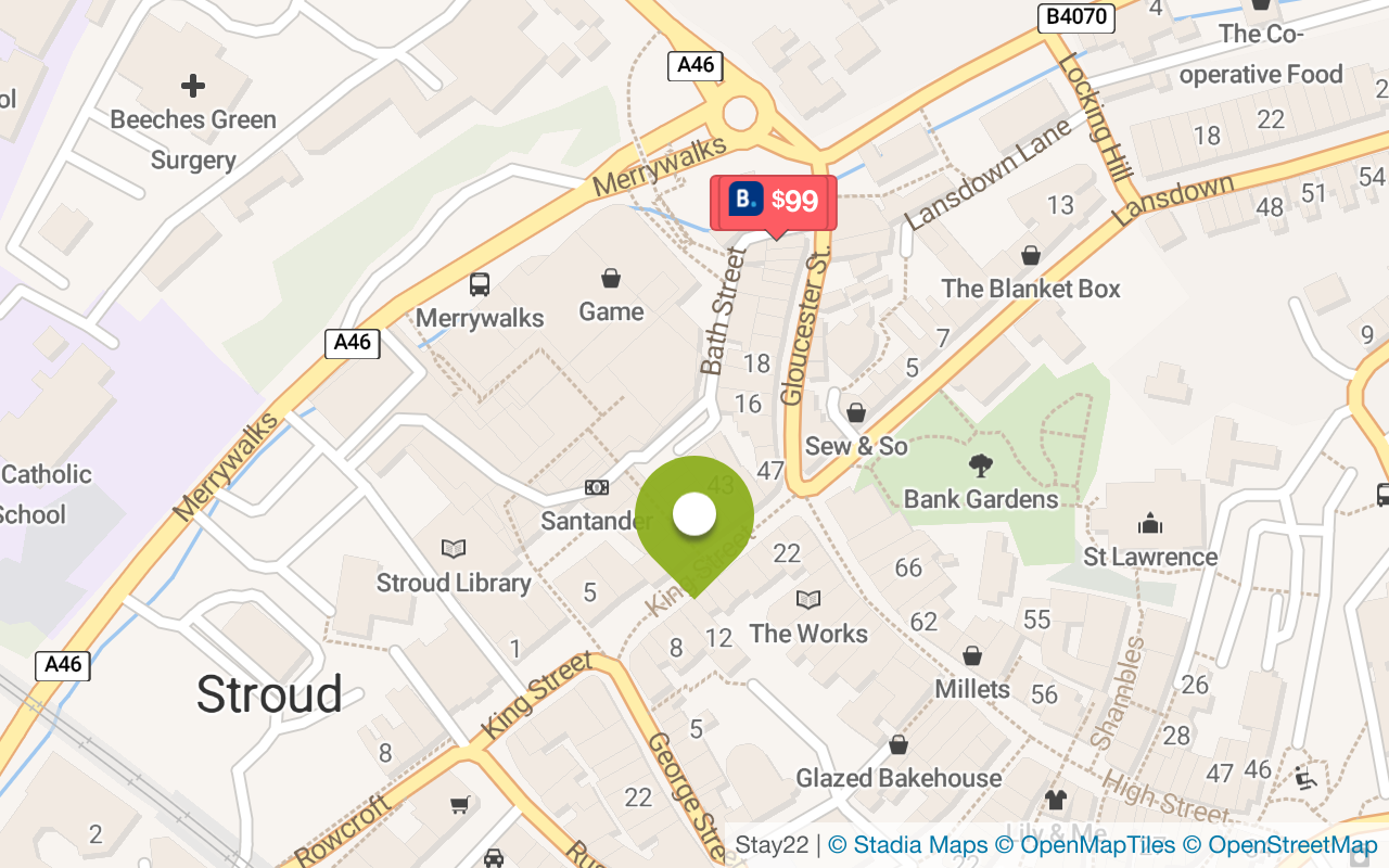 Map with accommodations in Stroud