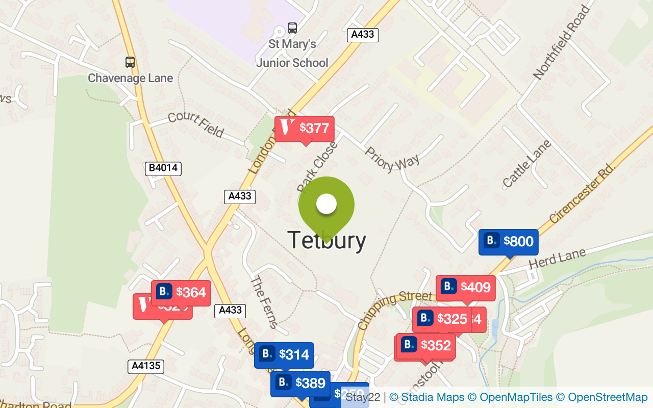 Map with accommodations in Tetbury