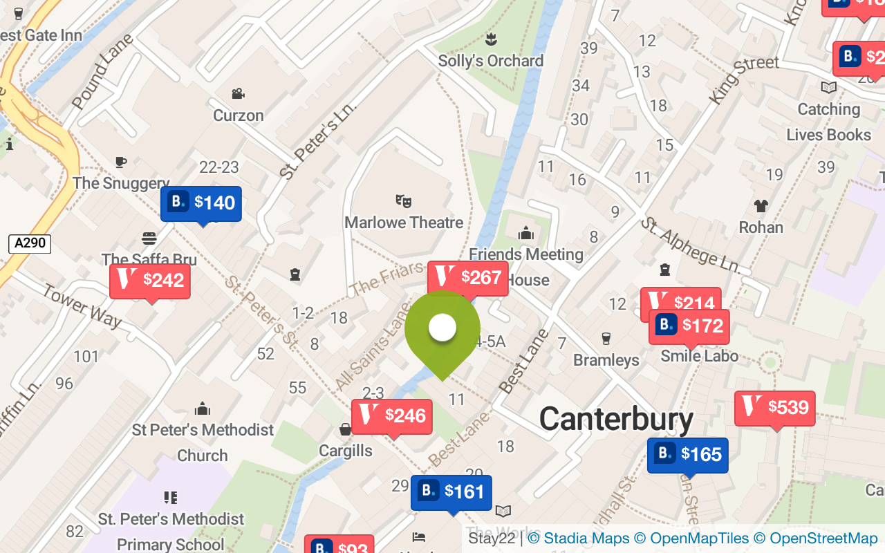 Map with accommodations in Canterbury