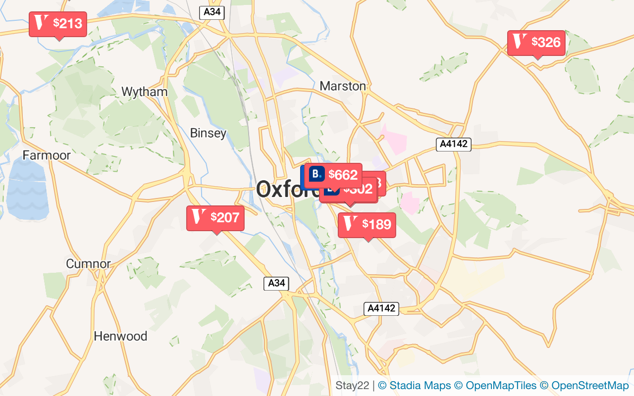 Map with accommodations in Oxford