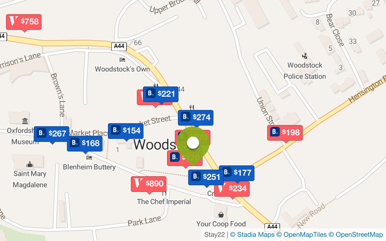 Map with accommodations in Woodstock