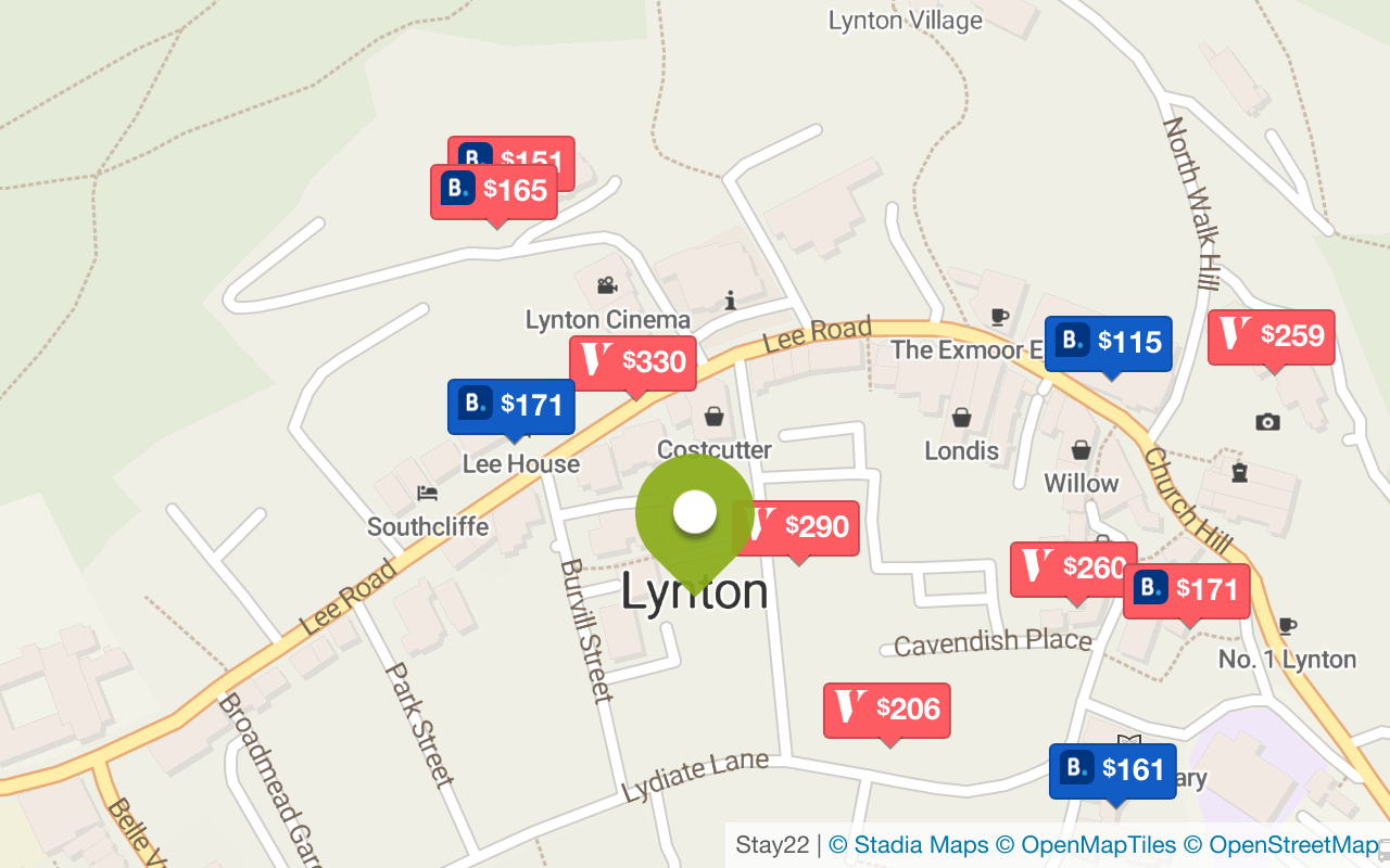 Map with accommodations in Lynton/Lynmouth