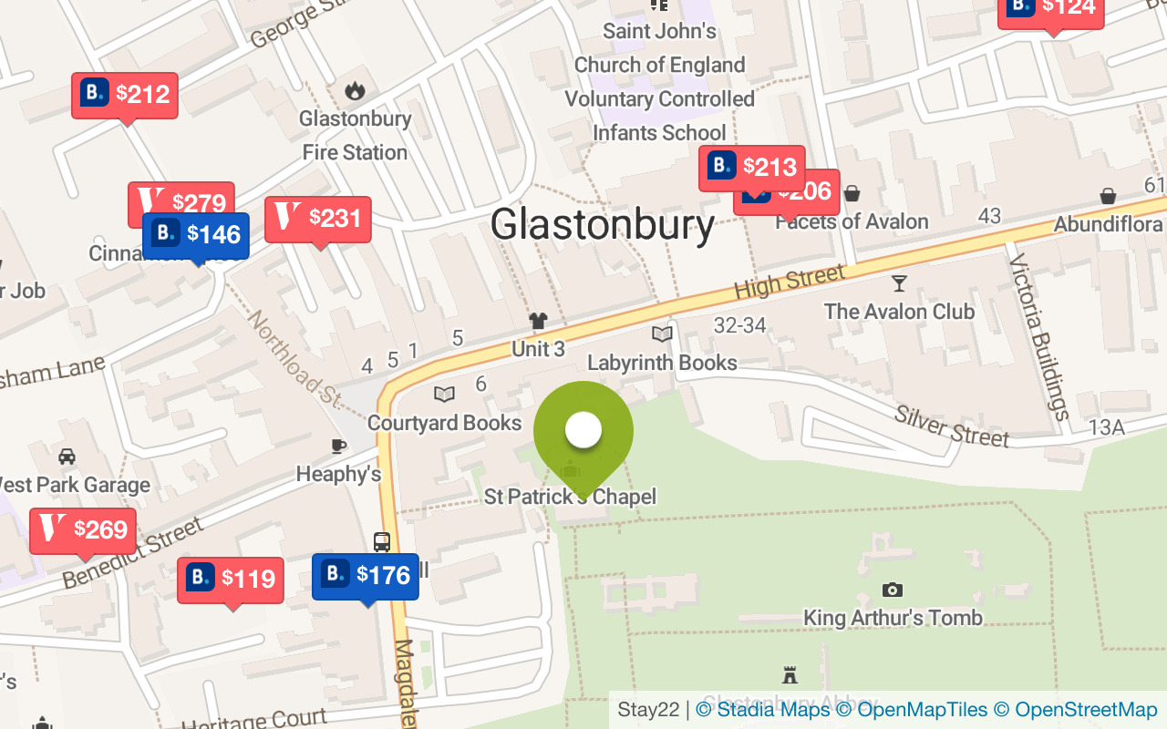 Map with accommodations in Glastonbury