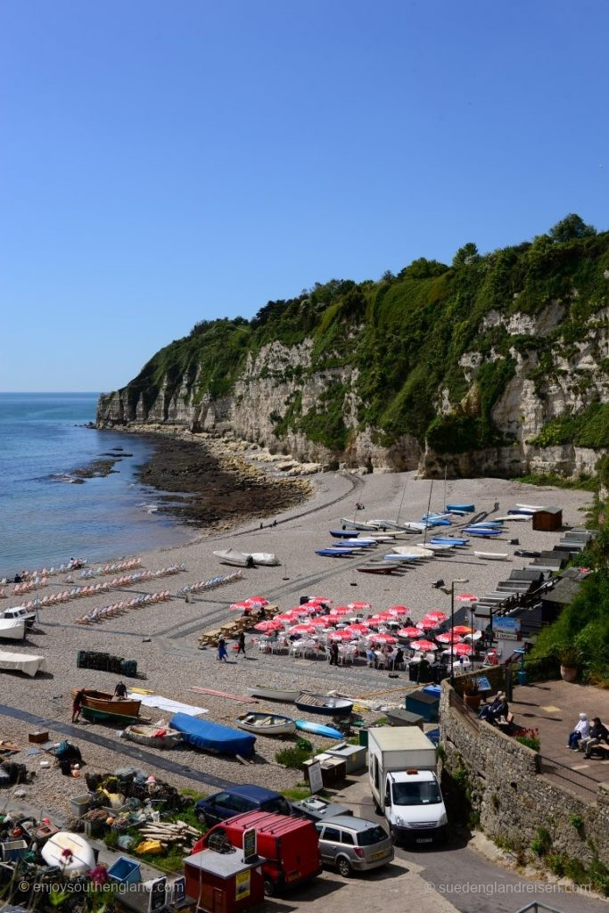 A typical British seaside resort on the south coast: Beer (Devon) with High Street