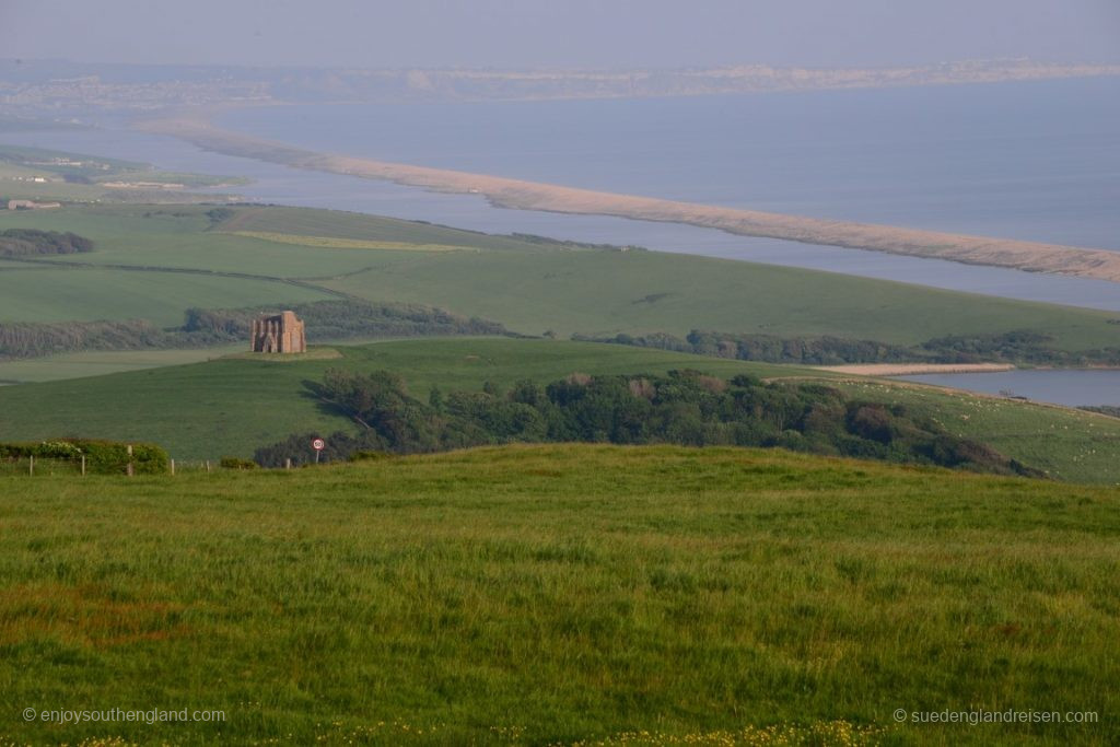 View of Chesil Beach on the Jurassic Coast from the small hill of St Catherine near Abbotsbury