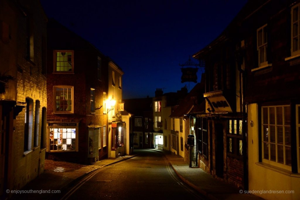 Rye at night – the entrance to our cottage is on the left