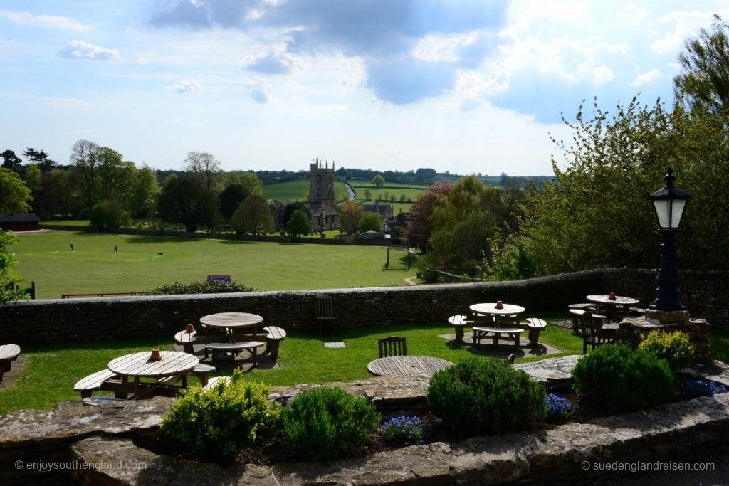 The beer garden in Norton St Philip, overlooking the church and the hills. 