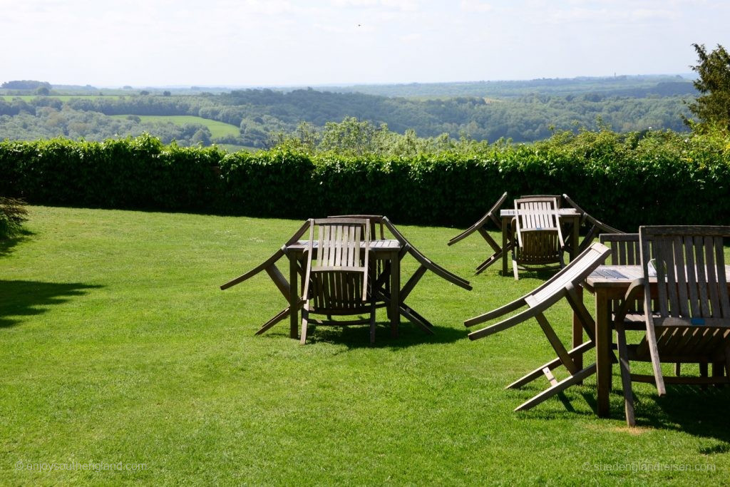 Newark Park – it's early in the morning, the tea garden hasn't opened yet. Note the view of the Cotswolds