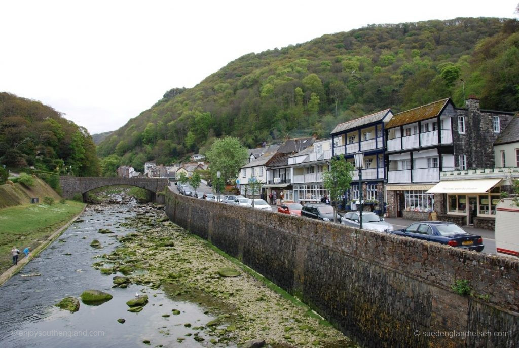 Lynmouth on the River Lyn, the pedestrian zone is to the right behind the houses