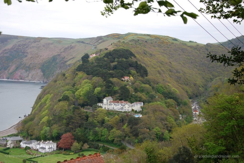 View from Lynton down to part of Lynmouth, the River Lyn valley (right) and the sea (left)