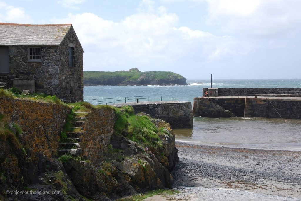 Mullion Cove with the quay walls and offshore island