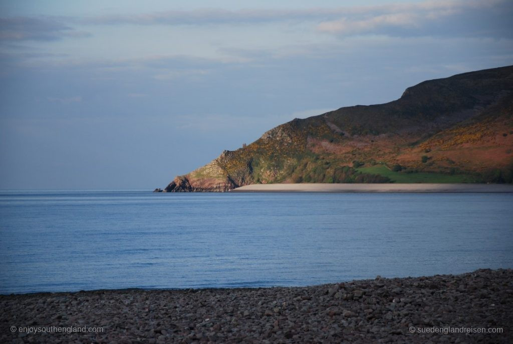 Evening view from Porlock Weir towards Bossington Hill